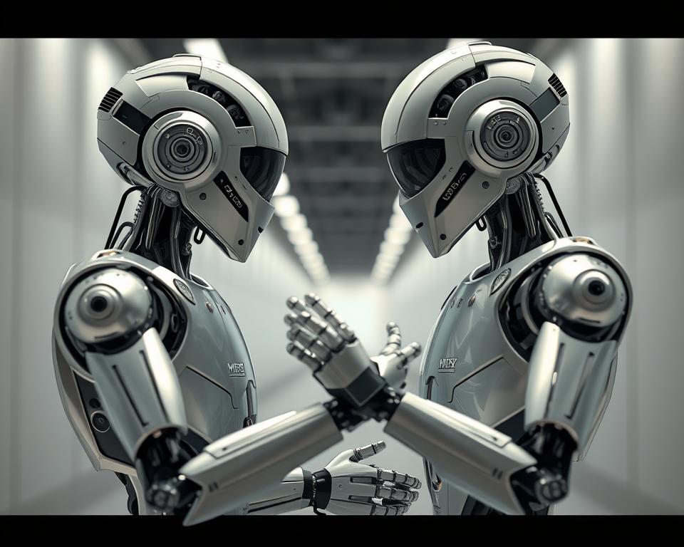A hyper-realistic virtual scene depicting two stylized humanoid figures engaged in a dynamic conversation. The MrX androids are rendered with intricate mechanical details, sleek metallic surfaces, and a sophisticated array of sensors and articulated joints. Precise lighting and depth-of-field effects create a sense of depth and immersion, while a minimalist, high-tech environment provides a clean, futuristic backdrop. The figures' body language and gestures convey a sense of interpersonal interaction, hinting at the complexities of programming virtual humanoid behavior and social interaction.