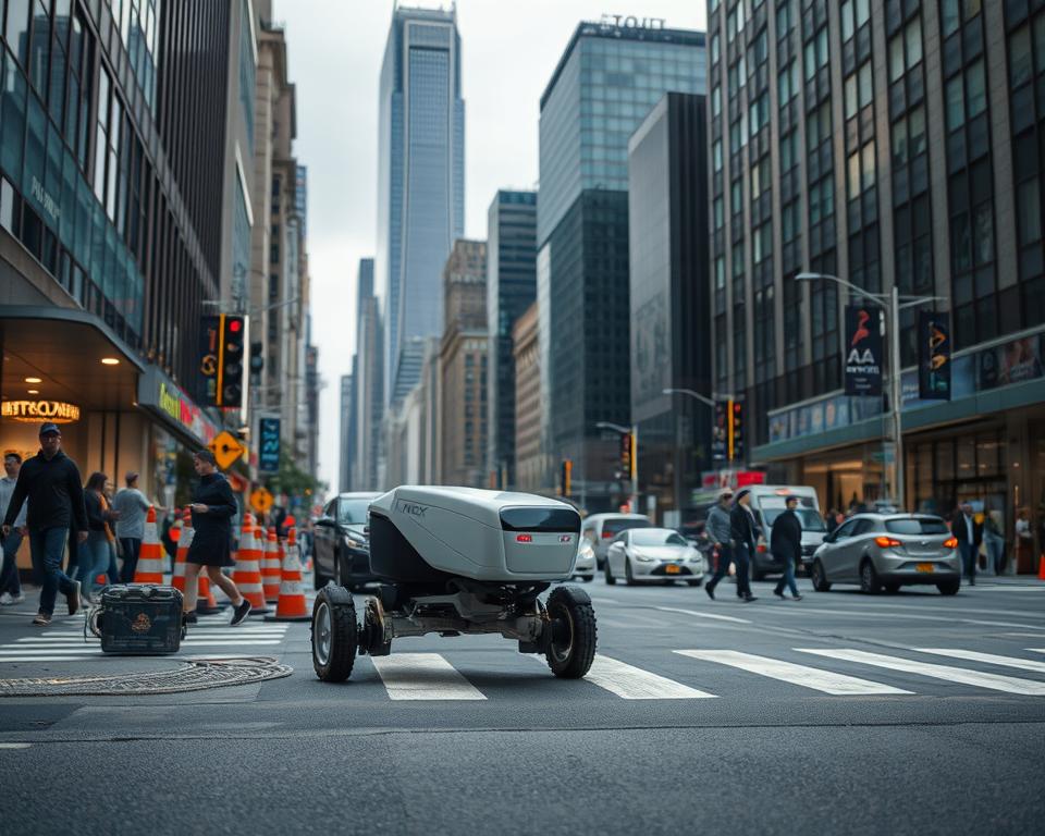 A sleek, autonomous service robot navigates a cluttered urban environment, its sensors and manipulators poised to address a variety of challenges. In the foreground, the MrX robot carefully maneuvers around obstacles, its lidar and camera systems scanning for potential hazards. The middle ground features a bustling city street, with pedestrians, vehicles, and other dynamic elements that the robot must interpret and respond to in real-time. The background showcases a modern cityscape, with towering skyscrapers and a moody, overcast sky, conveying the complex and unpredictable nature of the robot's operating conditions. Precise, cinematic lighting and a high-resolution, photorealistic style emphasize the advanced capabilities and technological sophistication of the MrX autonomous service robot.