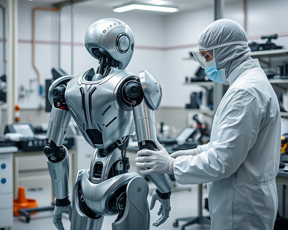 A sleek, metallic humanoid robot, the MrX Series, undergoes routine maintenance in a clean, well-lit workshop. The robot's gleaming chassis and articulated limbs are carefully inspected by a technician wearing a protective suit. In the background, various diagnostic tools and spare parts are neatly organized on workbenches, conveying the precision and care required to maintain these advanced machines. The scene evokes a sense of technological sophistication and the importance of proper upkeep to ensure the reliable and efficient operation of humanoid robots.