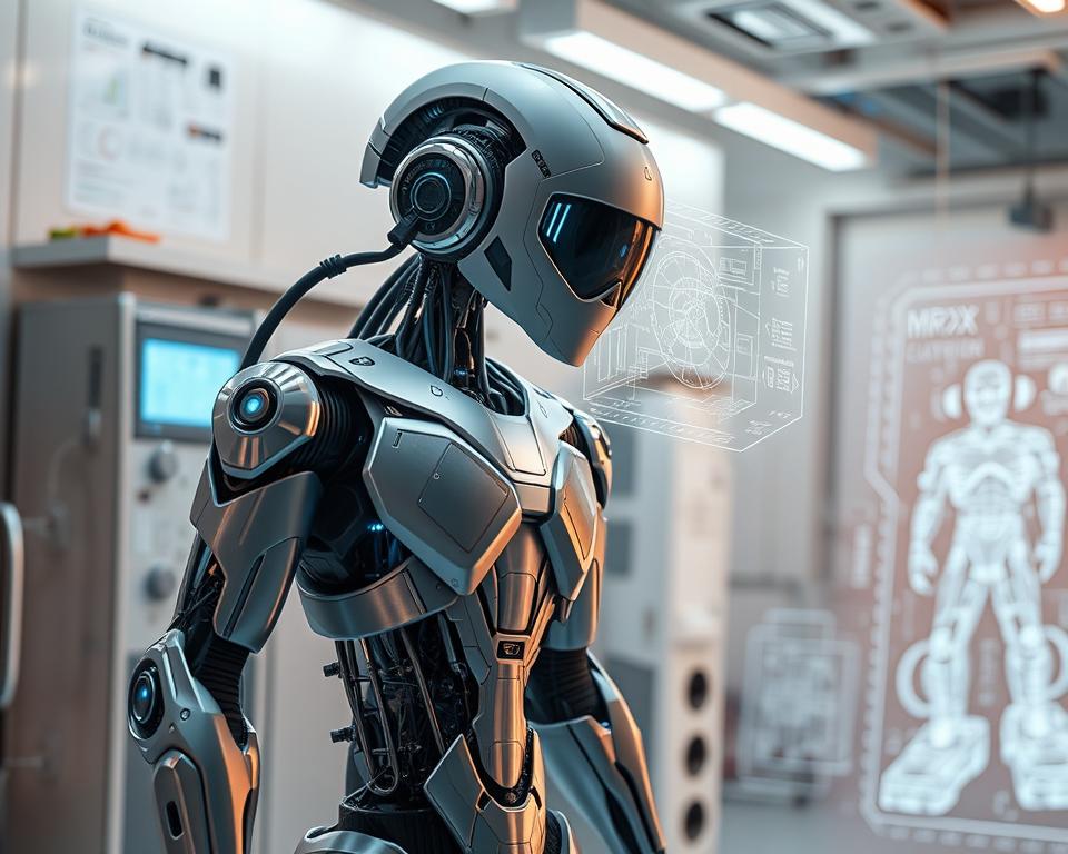 A state-of-the-art MrX virtual humanoid stands in a futuristic laboratory, its gleaming metallic frame and advanced sensors hinting at the technological breakthroughs that made its creation possible. Intricate circuits and holographic displays project a dynamic, ever-evolving interface, showcasing the humanoid's ability to adapt and learn. Soft lighting illuminates the scene, casting a warm, contemplative glow that invites the viewer to imagine the endless possibilities of this cutting-edge technology. In the background, ghostly wireframe models and schematic diagrams hint at the complex engineering and design processes that shaped this remarkable creation.
