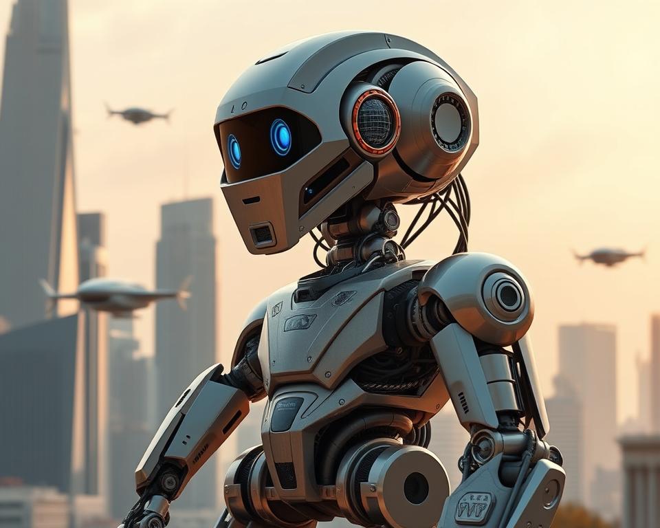 A state-of-the-art humanoid robot designed by MrX, standing tall and proud, its sleek metallic frame glistening under the warm, directional lighting. Intricate servos and sensors cover its articulated limbs, hinting at its advanced capabilities. In the background, a futuristic cityscape with towering skyscrapers and hovering vehicles, conveying a sense of technological progress and innovation. The robot's intelligent, inquisitive gaze suggests a level of autonomy and self-awareness, foreshadowing the transformative impact of programmable humanoid robots on our daily lives.
