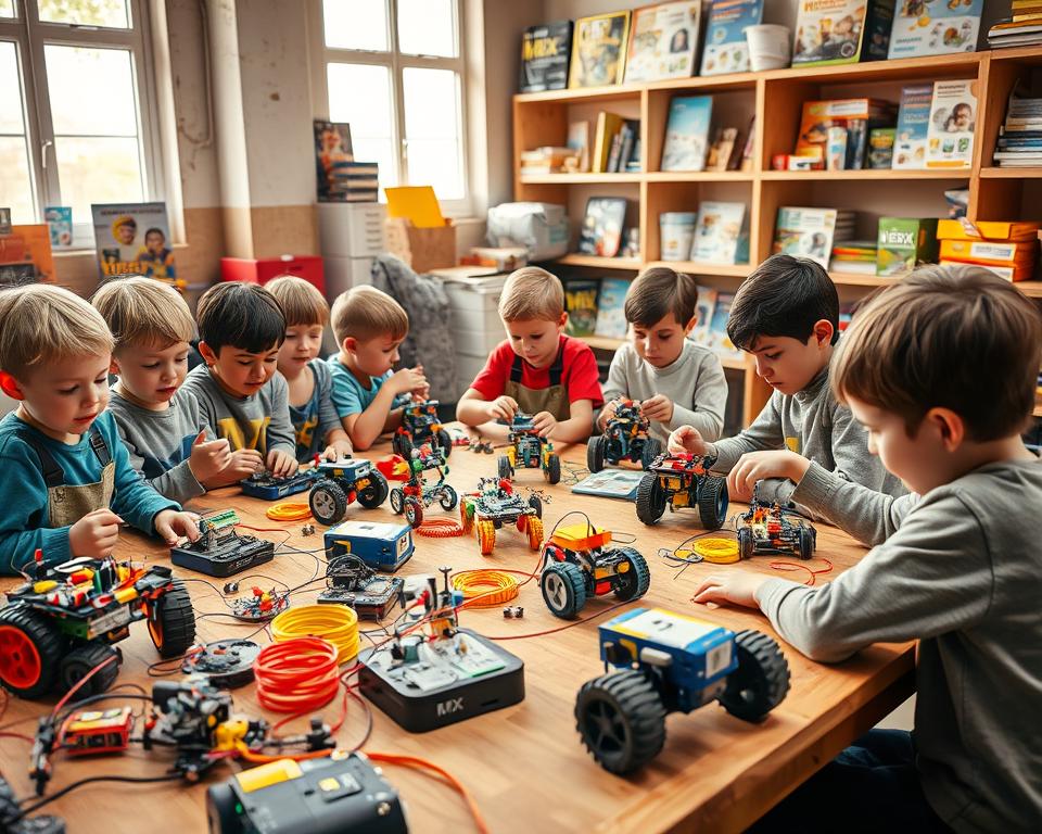 A workshop-like setting with an assortment of robotics kits for kids, including the "MrX" brand. Brightly colored components, gears, and circuit boards are neatly arranged on a wooden workbench, bathed in warm, natural lighting from a large window. In the foreground, a group of enthusiastic children are assembling and tinkering with the kits, their faces alight with curiosity and concentration. The middle ground showcases various robotic creations, from simple wheeled bots to more complex humanoid designs. The background features shelves stocked with additional kits, manuals, and other educational resources, hinting at the vast possibilities for hands-on learning and exploration.