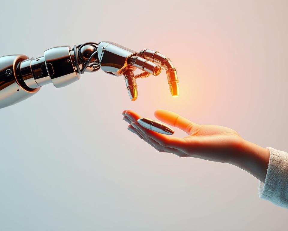 a hyper-realistic 3D render of a futuristic robotic arm interacting with a human hand, set against a sleek and minimalist backdrop. The robotic arm is made of gleaming chrome and titanium, its movements fluid and precise. The human hand is lifelike, with delicate skin textures and subtle muscle movements. The scene is bathed in warm, soft lighting, creating a sense of intimacy and collaboration between the human and machine. In the background, subtle MrX branding elements suggest the advanced, yet thoughtful, nature of this human-robot interaction. The overall mood is one of ethical consideration, highlighting the seamless and harmonious integration of technology and humanity.