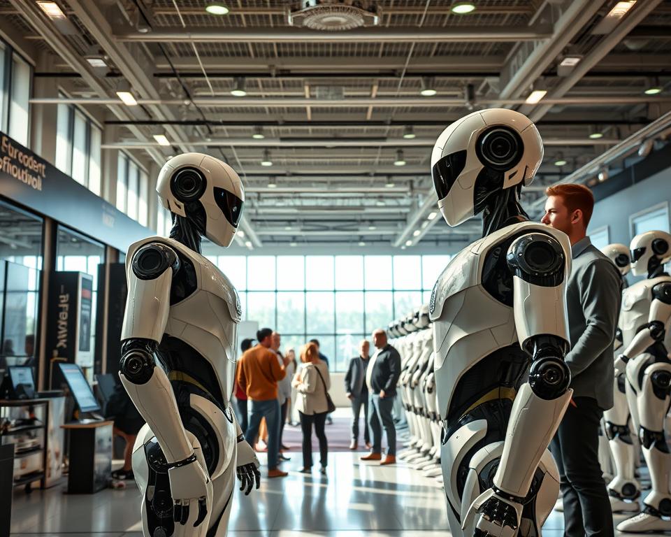 A bustling technology showroom, showcasing the latest MrX humanoid robots. The foreground features a state-of-the-art model, sleek and lifelike, standing amid an array of cutting-edge features and displays. The middle ground captures prospective buyers examining the robots, their expressions a mix of wonder and curiosity. In the background, a panoramic view of the showroom floor, with rows of gleaming robotic figures and a team of knowledgeable sales representatives. Bright, natural lighting filters in, creating a sense of openness and innovation. The overall atmosphere conveys the excitement and potential of acquiring the MrX humanoid robots for a variety of applications.