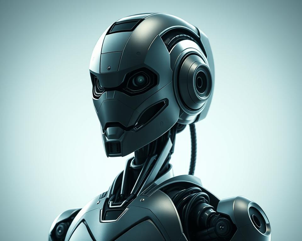 A detailed, futuristic humanoid robot with advanced MrX technology. The robot's sleek, metallic body has a seamless, streamlined design with intricate mechanical joints and panels. Its head features a bold, angular structure with a pair of penetrating, expressive eyes and a hint of a robotic mouth. Soft, indirect lighting illuminates the robot from various angles, casting dramatic shadows and highlights that accentuate its technical sophistication. The robot stands in a neutral, poised stance, conveying a sense of power, intelligence, and potential for both functionality and emotional connection.