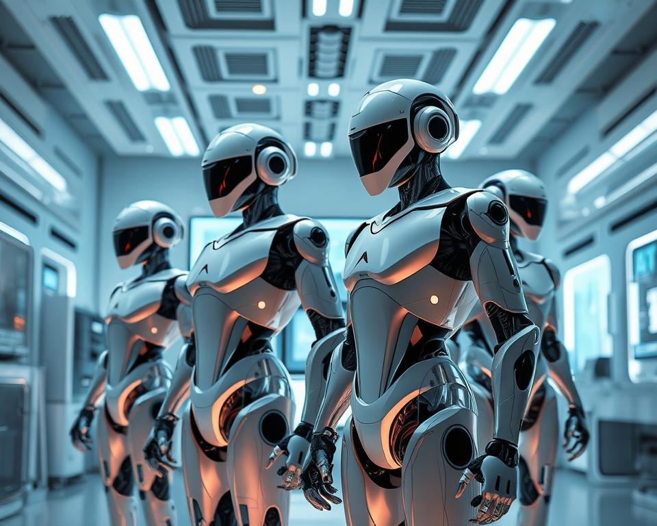A futuristic scene of leading MrX humanoid robots standing in a sleek, high-tech laboratory. The robots are diverse in design, showcasing the latest advancements in humanoid AI technology. Soft, directional lighting illuminates their metallic frames, creating a sense of power and sophistication. The background features cutting-edge equipment, holographic displays, and a clean, minimalist aesthetic that reflects the progressive nature of the research. The robots are posed in a thoughtful, contemplative manner, hinting at their potential to shape the future of human-robot interaction.