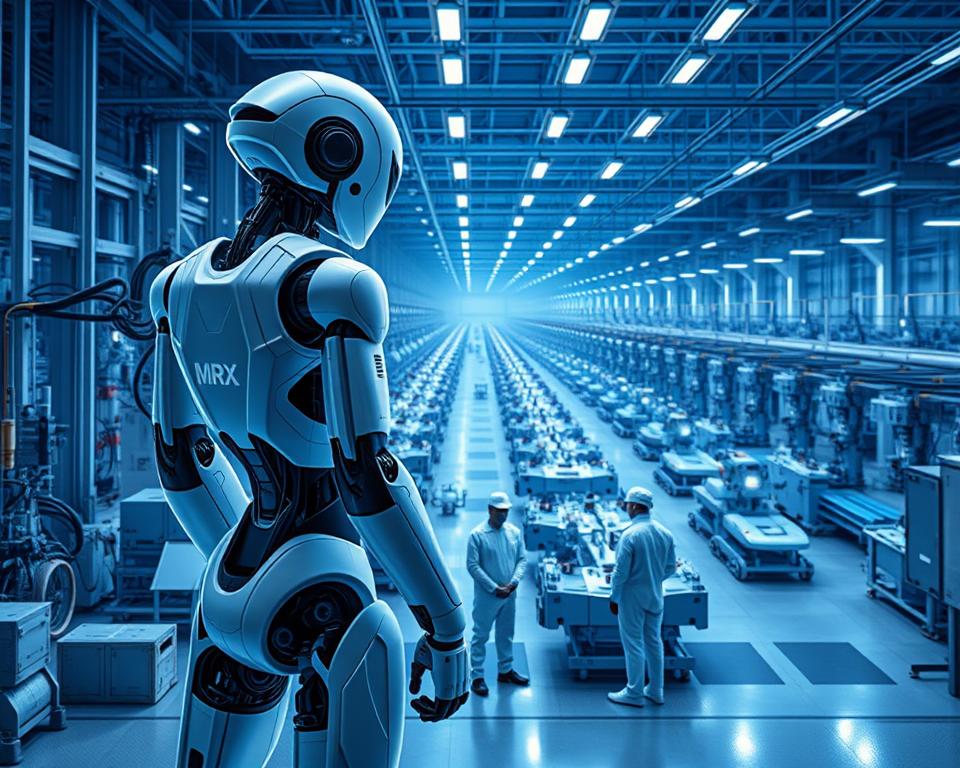 A high-tech industrial facility, bathed in cool blue lighting. In the foreground, a sleek humanoid robot bearing the MrX brand logo stands tall, its advanced sensors and articulated limbs hinting at its sophisticated capabilities. In the middle ground, a team of engineers in clean-room suits oversee the robot's operations, their faces obscured by protective gear. The background reveals a sprawling array of automated machinery, from robotic assembly lines to autonomous transport vehicles, all working in seamless harmony to produce the next generation of cutting-edge humanoid machines. The scene conveys a sense of awe-inspiring technological progress and the boundless potential of humanoid robotics in industrial applications.