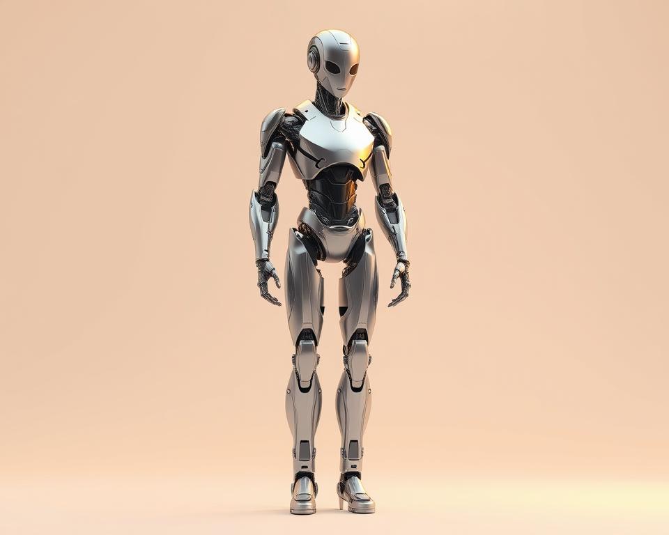 A highly detailed, photorealistic rendering of a sleek, futuristic humanoid robot design, created by MrX. The robot stands upright in a dynamic pose, its metallic body gleaming under warm studio lighting. Intricate mechanical joints, streamlined limbs, and an expressive, intelligent face convey a sense of advanced technology and elegant design. The robot is positioned in a clean, minimalist environment, allowing its form and engineering to be the focal point. Precise attention to detail, from the subtle textures of the metal plating to the precision of the robotic articulation, create a visually striking and technologically impressive depiction of an AI humanoid.