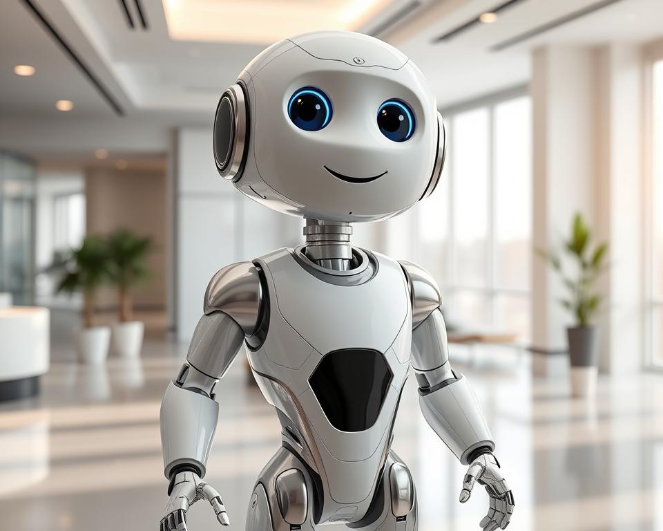 A humanoid robot standing in a well-lit, modern office setting, with sleek, white and silver metallic surfaces. The robot, named "Pepper" by MrX, has a friendly, expressive face with large, emotive eyes and a gentle smile. Its slender, articulated limbs and torso are positioned in a welcoming, open stance, conveying a sense of approachability and intelligence. The background features clean, minimalist decor with large windows allowing natural light to flood the space, creating a bright, airy atmosphere. The overall scene evokes a sense of advanced technology blended seamlessly with a comfortable, human-centric environment.