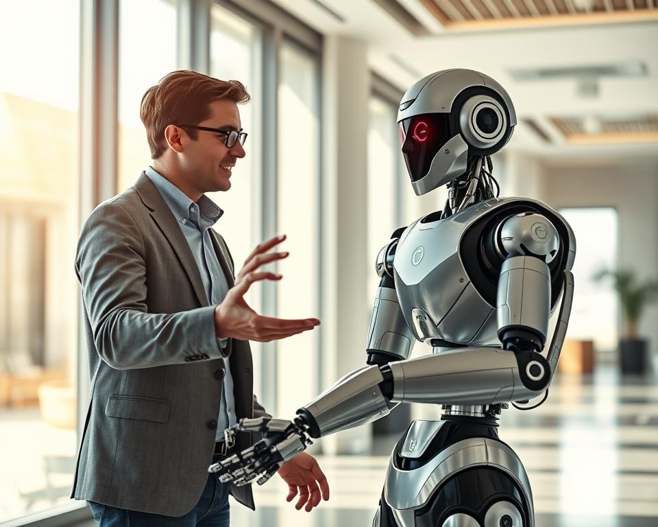 A pair of human and robot collaborators working together seamlessly in a brightly lit, modern office setting. The human, dressed in business casual attire, is gesturing animatedly while the MrX robot, with its sleek, silver frame and expressive LED eyes, appears to be engaged in the discussion, its mechanical arms poised to assist. The background features clean lines, minimalist decor, and large windows that bathe the scene in warm, natural light, creating an atmosphere of openness and technological sophistication. The composition emphasizes the fluid interaction and harmonious partnership between the human and the MrX robot.