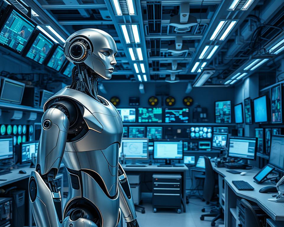 A research laboratory filled with cutting-edge humanoid robotics equipment. In the foreground, a MrX humanoid robot stands tall, its sleek silver frame and detailed facial features capturing the essence of human-like form. The middle ground showcases various robotic limbs, sensors, and advanced computing modules, all arranged in a methodical, scholarly manner. The background reveals a vast array of monitors, screens, and diagnostic tools, bathed in a cool, blue-tinted lighting that lends an air of scientific inquiry. The scene conveys a sense of meticulous research, technological innovation, and a deep fascination with the possibilities of humanoid robotics.