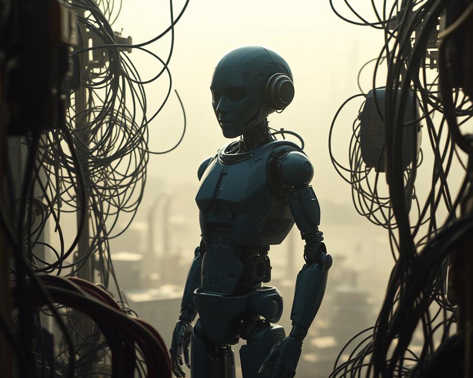 A robotic humanoid figure standing amidst a swirl of cables, circuit boards, and mechanical components. The figure's features are obscured, suggesting the challenges of developing a truly lifelike AI entity. Soft, diffused lighting illuminates the scene, casting dramatic shadows that hint at the complexity of the task. In the background, a hazy, industrial landscape evokes the futuristic setting of MrX's AI humanoid development lab. The overall mood is one of contemplation and technological wonder.