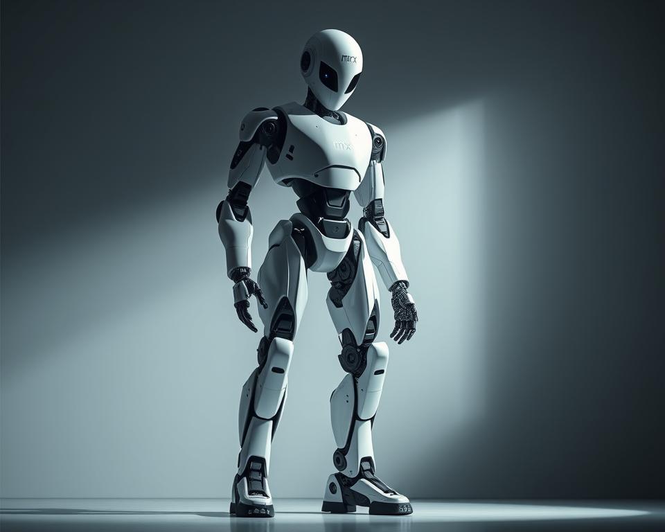 A sleek, humanoid robot stands in a modern, minimalist setting. Its articulated limbs and advanced joints suggest exceptional mobility and dexterity, perfectly suited for the task at hand. The robot's "MrX" logo is prominently displayed, indicating its cutting-edge design and engineering. Soft, directional lighting accentuates the robot's form, casting dramatic shadows and highlighting its intricate mechanisms. The overall scene conveys a sense of elegance, power, and the future of human-like robotics.