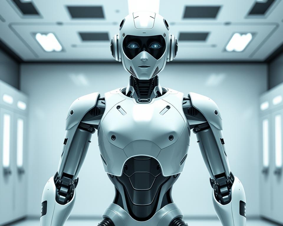 A sleek, humanoid robot with advanced features, standing in a futuristic laboratory setting. Metallic limbs and an articulated torso move with fluid precision, showcasing the remarkable capabilities of MrX's cutting-edge technology. Bright, focused lighting accentuates the robot's smooth, gleaming surfaces, while a clean, minimalist background emphasizes its elegant, functional design. The robot's expressive, human-like face conveys a sense of intelligence and adaptability, hinting at the wide range of applications it could serve, from industrial tasks to healthcare and beyond.