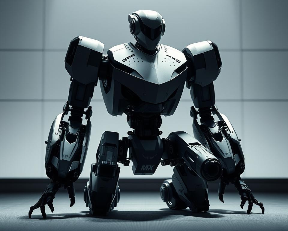 An innovative MrX robot design with a sleek, futuristic appearance. In the foreground, the robot's angular, metallic chassis is highlighted by dramatic lighting, casting sharp shadows that add depth and texture. The robot's limbs are composed of advanced servo motors and hydraulic actuators, hinting at its impressive range of motion and capabilities. In the middle ground, the robot's intelligent sensors, including high-resolution cameras and advanced laser scanners, are visible, suggesting its advanced perceptual abilities. The background features a minimalist, high-tech environment, with clean lines and a subtle color palette that complements the robot's design. Overall, the image conveys a sense of innovation, power, and technological sophistication, perfectly reflecting the "Designing an Engineered Arts Robot" section of the article.