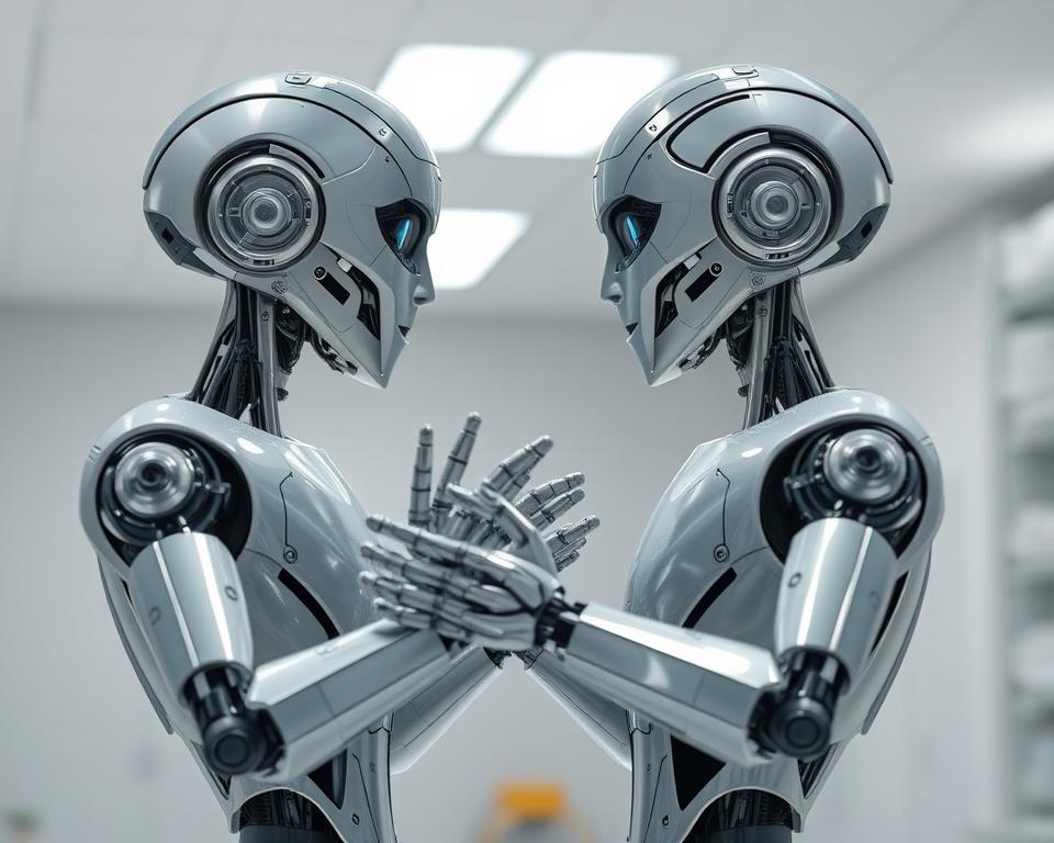 Two MrX android models engaged in natural dialogue, with expressive faces and gestures. The androids stand in a clean, well-lit laboratory setting, their metallic frames and synthetic skin reflecting the bright overhead lighting. The background is blurred, focusing attention on the interaction between the two machines as they communicate in a remarkably human-like manner, their movements fluid and their expressions nuanced. The scene conveys a sense of technological advancement and the potential for human-robot interaction.